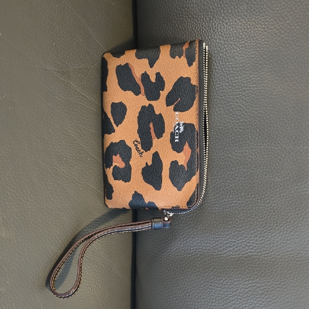 Coach Tan and Black Animal Print Wristlet